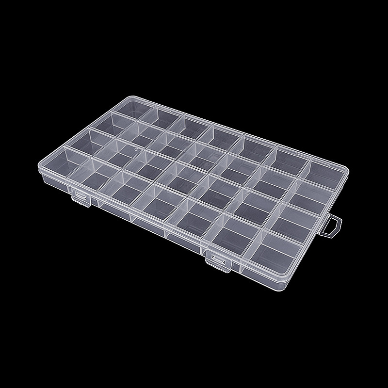 1,8 aukščio fiksuota 28 grotelių permatoma pp plastikinė dėžutė elektroninių komponentų pakavimo dėžutė stalviršio daiktadėžė su dangčiu