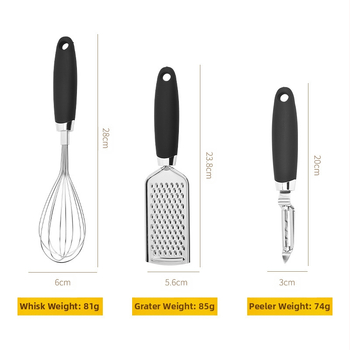 Roostevabast terasest köögividinad, 7-osaline komplekt, koogiavaja, pudeliavaja, munavahvel, melonihöövel, ingveriga hakitud jäätisetalikas