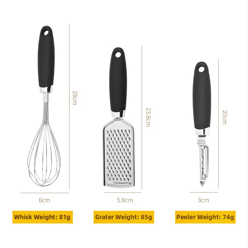 Комплект от 7 кухненски джаджи от неръждаема стомана, отварачка за торти, отварачка за бутилки, бъркалка за яйца, ренде за пъпеш, лъжица за сладолед с настърган джинджифил.