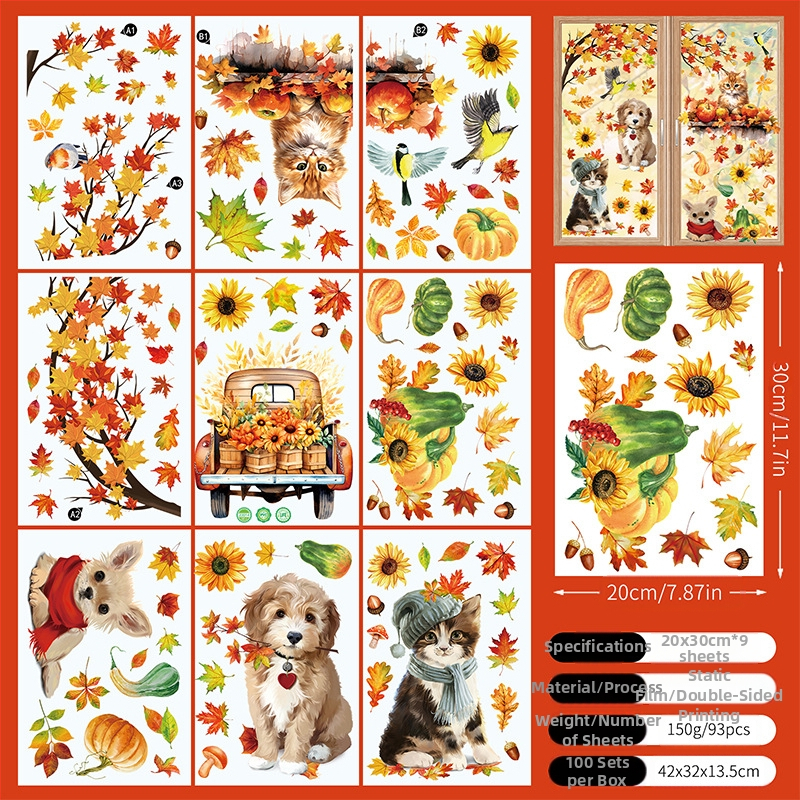 Tarpvalstybiniai Padėkos dienos tarpvalstybiniai rudens kritulių modeliavimo klevo lapo kūrybiniai elektrostatiniai lipdukai stiklo langams dekoratyviniai tapybos sienų lipdukai