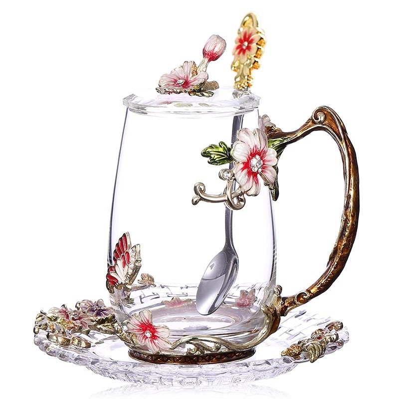 Hulgimüük emailiga tass uue stiili daamide kõrge väärtusega majapidamislilledega teetass tipptasemel kontorisse peen veetass õpetajale