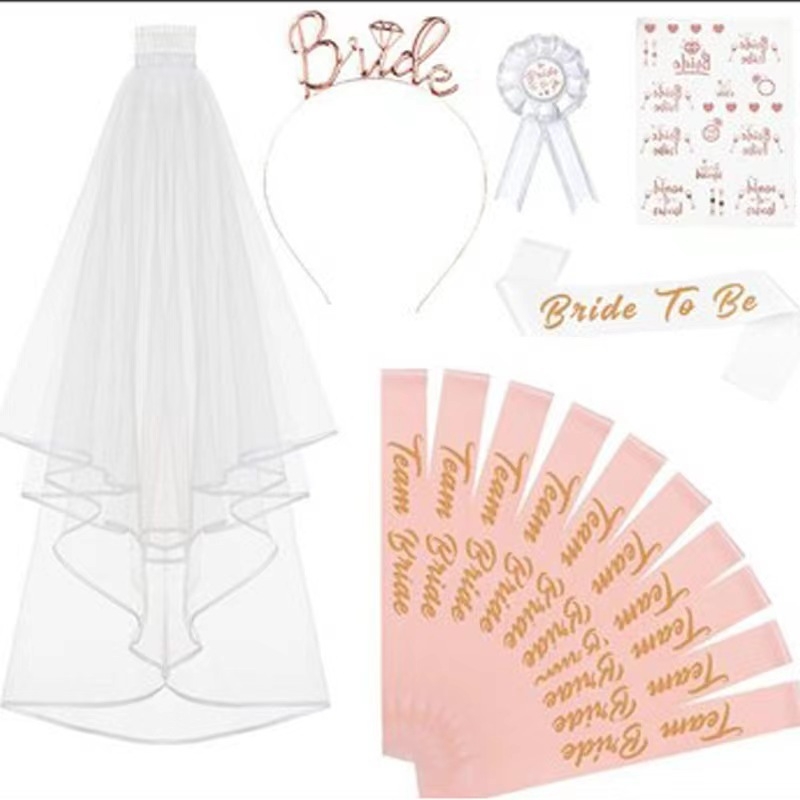 Nuotakos šydo komplektas bernvakariui, nuotakos, bronzinis petnešėlė, rožinio aukso plaukų juosta, tatuiruotės lipdukas