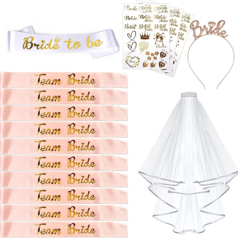 Nuotakos šydo komplektas bernvakariui, nuotakos, bronzinis petnešėlė, rožinio aukso plaukų juosta, tatuiruotės lipdukas