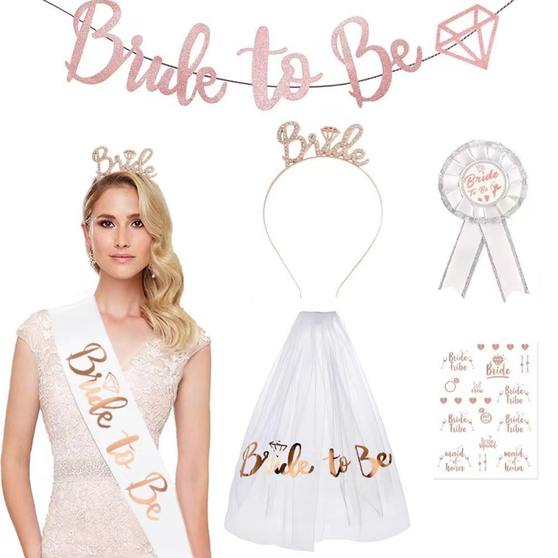 Nuotakos šydo komplektas bernvakariui, nuotakos, bronzinis petnešėlė, rožinio aukso plaukų juosta, tatuiruotės lipdukas