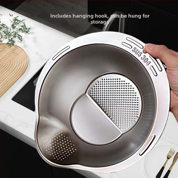 304 maistinio nerūdijančio plieno virtuvės ryžių plovimo dubuo, vaisių drenažo dubuo, daržovių plovimo dubuo, perforuotas ryžių sietas, pasviręs dugnas, daugiafunkcis dubuo