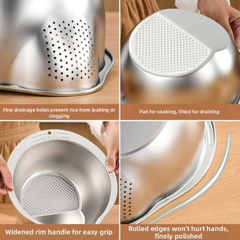 304 maistinio nerūdijančio plieno virtuvės ryžių plovimo dubuo, vaisių drenažo dubuo, daržovių plovimo dubuo, perforuotas ryžių sietas, pasviręs dugnas, daugiafunkcis dubuo