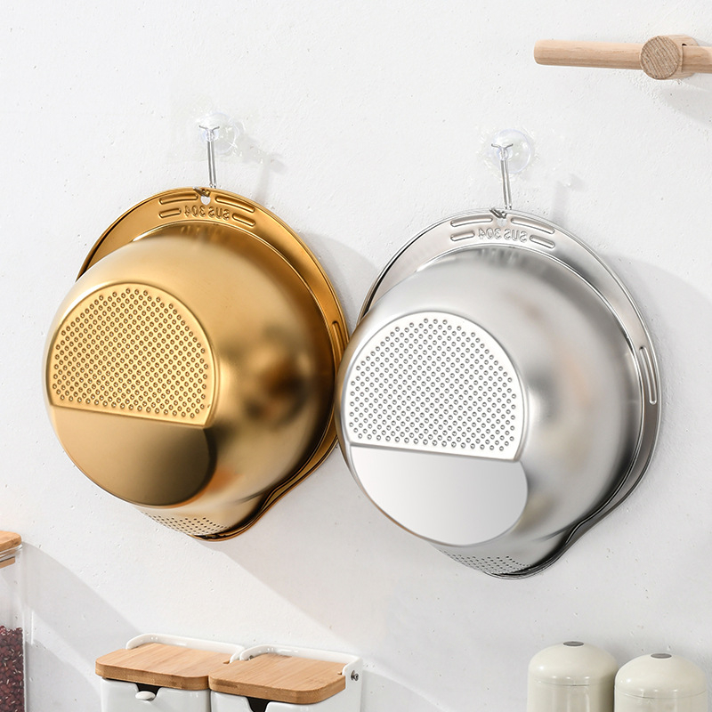 304 maistinio nerūdijančio plieno virtuvės ryžių plovimo dubuo, vaisių drenažo dubuo, daržovių plovimo dubuo, perforuotas ryžių sietas, pasviręs dugnas, daugiafunkcis dubuo