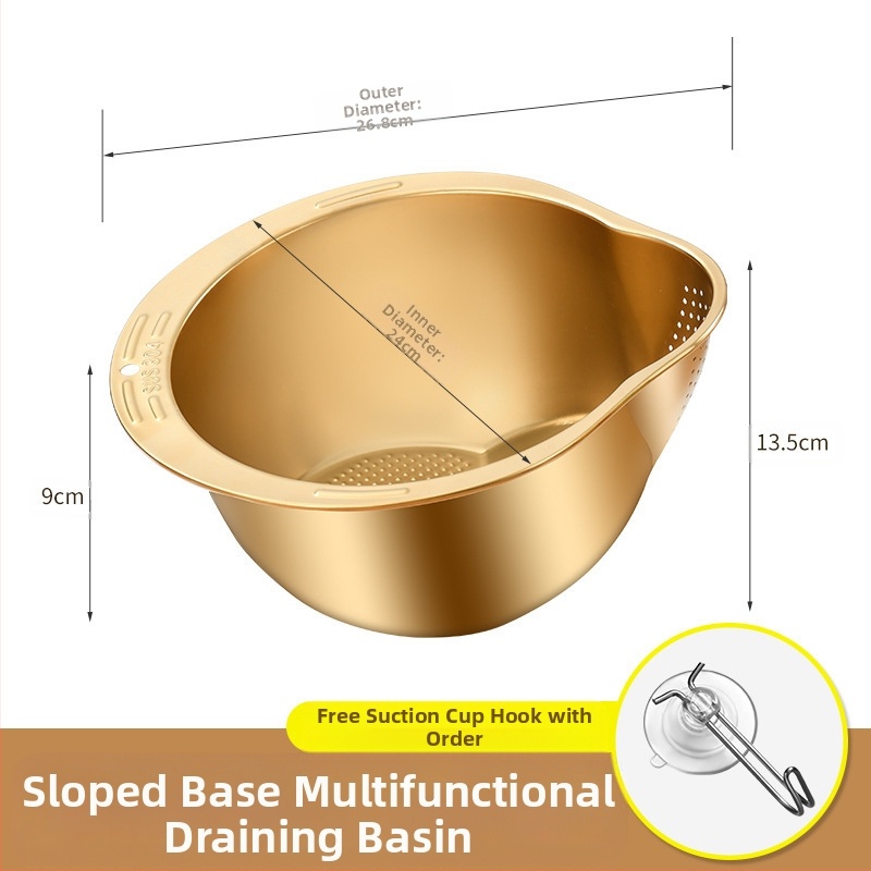 304 maistinio nerūdijančio plieno virtuvės ryžių plovimo dubuo, vaisių drenažo dubuo, daržovių plovimo dubuo, perforuotas ryžių sietas, pasviręs dugnas, daugiafunkcis dubuo