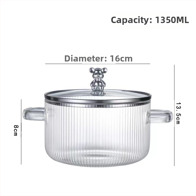 Dryžuotas troškinys su sutirštintu didelės talpos dvigubos rankenos permatomu stikliniu pieno puodu, greitai paruošiamų makaronų dubenėliu, aukštos vertės stikliniu puodu