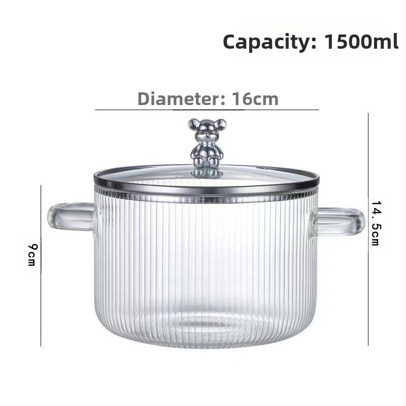 Dryžuotas troškinys su sutirštintu didelės talpos dvigubos rankenos permatomu stikliniu pieno puodu, greitai paruošiamų makaronų dubenėliu, aukštos vertės stikliniu puodu