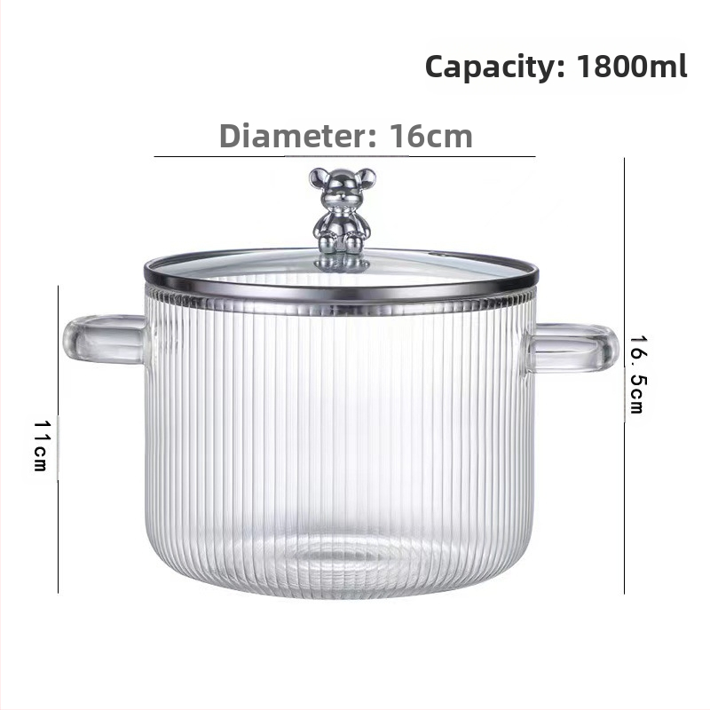 Dryžuotas troškinys su sutirštintu didelės talpos dvigubos rankenos permatomu stikliniu pieno puodu, greitai paruošiamų makaronų dubenėliu, aukštos vertės stikliniu puodu