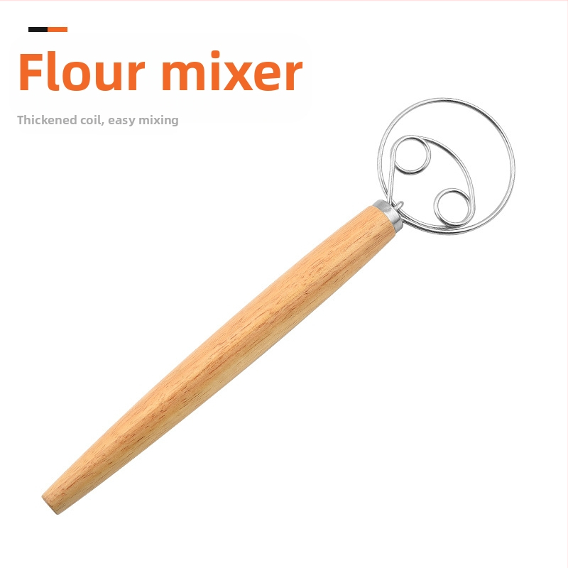 13-инчов дъбов миксер за брашно, датски миксер за тесто, бъркалка за яйца от неръждаема стомана