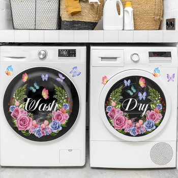 Įvairių spalvų žiedinės gėlės, skalbti, džiovinti, skalbimo mašina, dekoratyviniai lipdukai, lipnūs dvipusiai vizualiniai sienų lipdukai