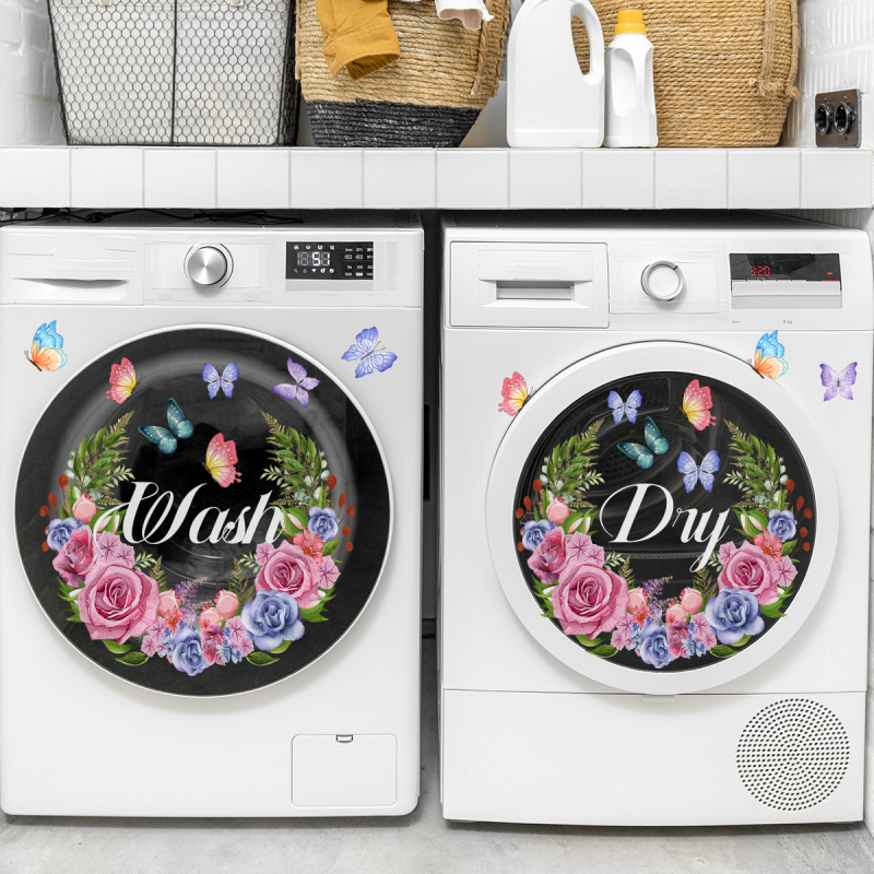 Įvairių spalvų žiedinės gėlės, skalbti, džiovinti, skalbimo mašina, dekoratyviniai lipdukai, lipnūs dvipusiai vizualiniai sienų lipdukai