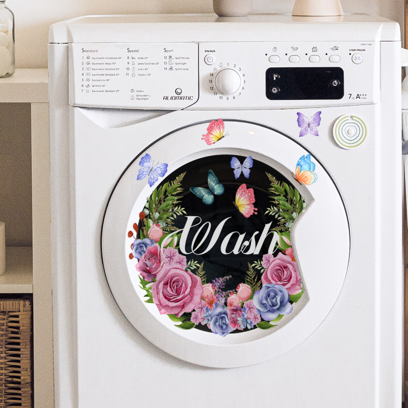 Įvairių spalvų žiedinės gėlės, skalbti, džiovinti, skalbimo mašina, dekoratyviniai lipdukai, lipnūs dvipusiai vizualiniai sienų lipdukai