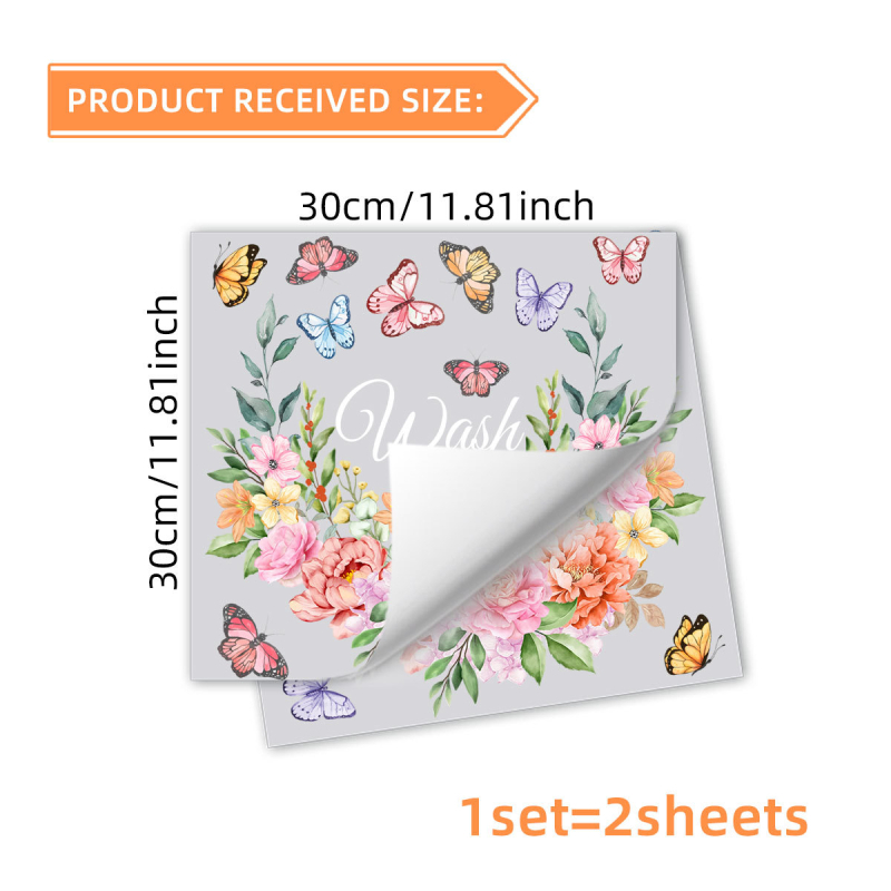 Įvairių spalvų žiedinės gėlės, skalbti, džiovinti, skalbimo mašina, dekoratyviniai lipdukai, lipnūs dvipusiai vizualiniai sienų lipdukai