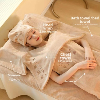 Grožio salono rankšluostis su mikropluošto logotipu, be pūkelių, odos priežiūros galvos apdangalas, trijų dalių rinkinys.