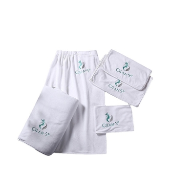 Grožio salono rankšluostis su mikropluošto logotipu, be pūkelių, odos priežiūros galvos apdangalas, trijų dalių rinkinys.