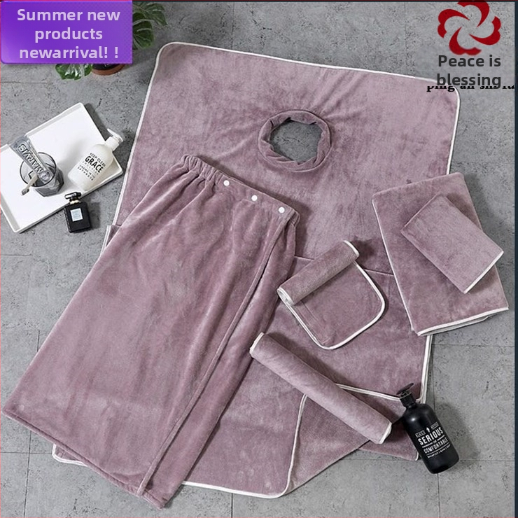 Grožio salono rankšluostis su mikropluošto logotipu, be pūkelių, odos priežiūros galvos apdangalas, trijų dalių rinkinys.