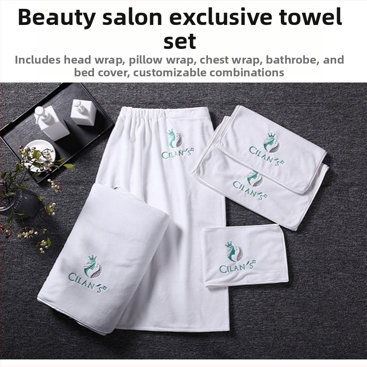 Grožio salono rankšluostis su mikropluošto logotipu, be pūkelių, odos priežiūros galvos apdangalas, trijų dalių rinkinys.