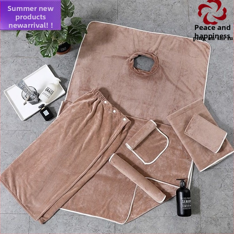 Grožio salono rankšluostis su mikropluošto logotipu, be pūkelių, odos priežiūros galvos apdangalas, trijų dalių rinkinys.