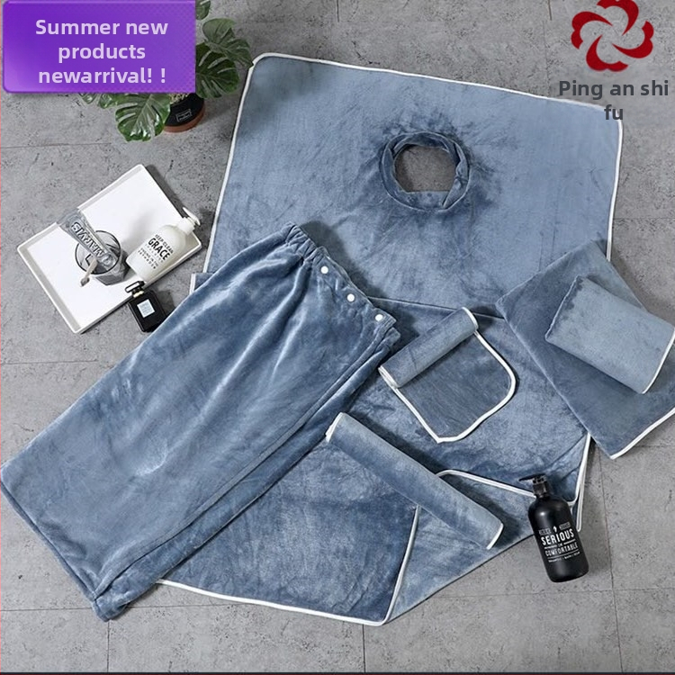 Grožio salono rankšluostis su mikropluošto logotipu, be pūkelių, odos priežiūros galvos apdangalas, trijų dalių rinkinys.