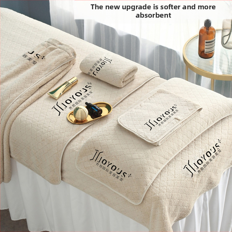 Grožio salono rankšluostis su mikropluošto logotipu, be pūkelių, odos priežiūros galvos apdangalas, trijų dalių rinkinys.