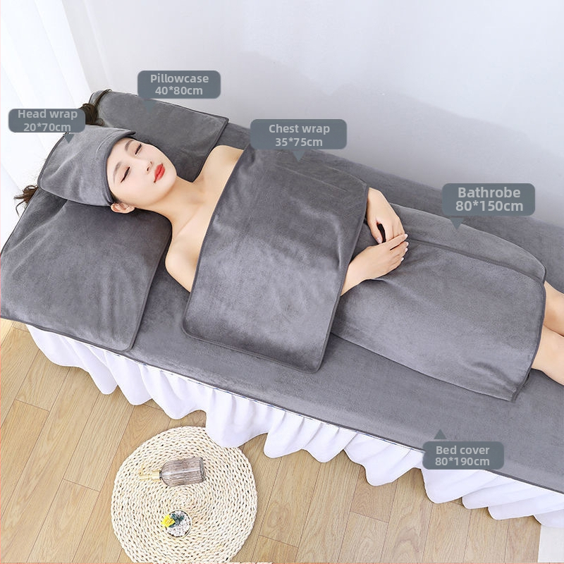 Grožio salono rankšluostis su mikropluošto logotipu, be pūkelių, odos priežiūros galvos apdangalas, trijų dalių rinkinys.