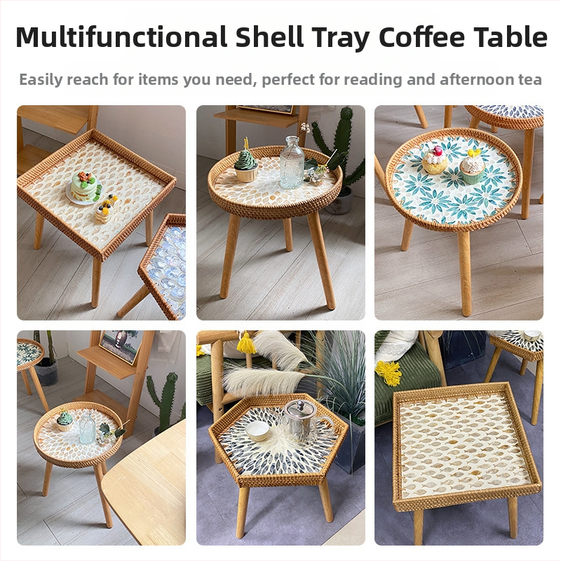 Ръчно тъкана цветна многостилна табла от ратан с крака, домакинска висококачествена лека луксозна табла с черупка, малка странична масичка
