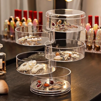 Kosmeetikatoodete hoiukarp Läbipaistev akrüülist magamistoa pöörlev tolmukindel ehted juukserõngad kõrvarõngad puudripuhv huulepulga hoiuriiul