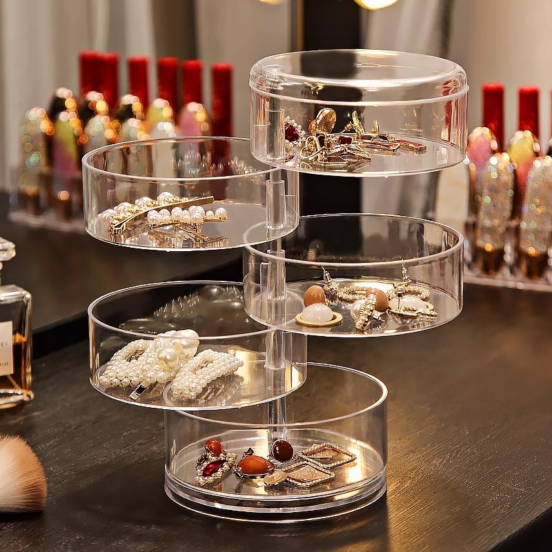 Kosmeetikatoodete hoiukarp Läbipaistev akrüülist magamistoa pöörlev tolmukindel ehted juukserõngad kõrvarõngad puudripuhv huulepulga hoiuriiul