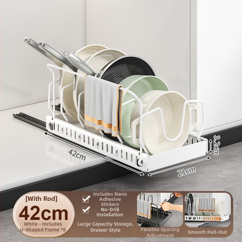 Ράφι αποθήκευσης καπακιού κουζίνας, ρυθμιζόμενος χώρος για κατσαρόλες, ράφι για κατσαρόλες, ντουλάπι πάγκου, συρόμενη βάση αποθήκευσης πιάτων