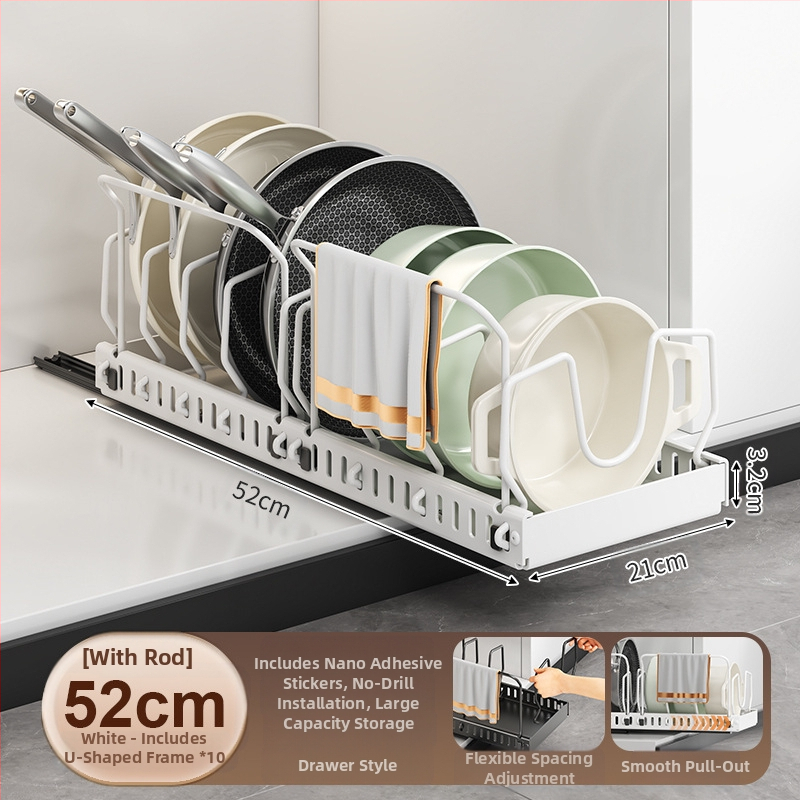 Ράφι αποθήκευσης καπακιού κουζίνας, ρυθμιζόμενος χώρος για κατσαρόλες, ράφι για κατσαρόλες, ντουλάπι πάγκου, συρόμενη βάση αποθήκευσης πιάτων