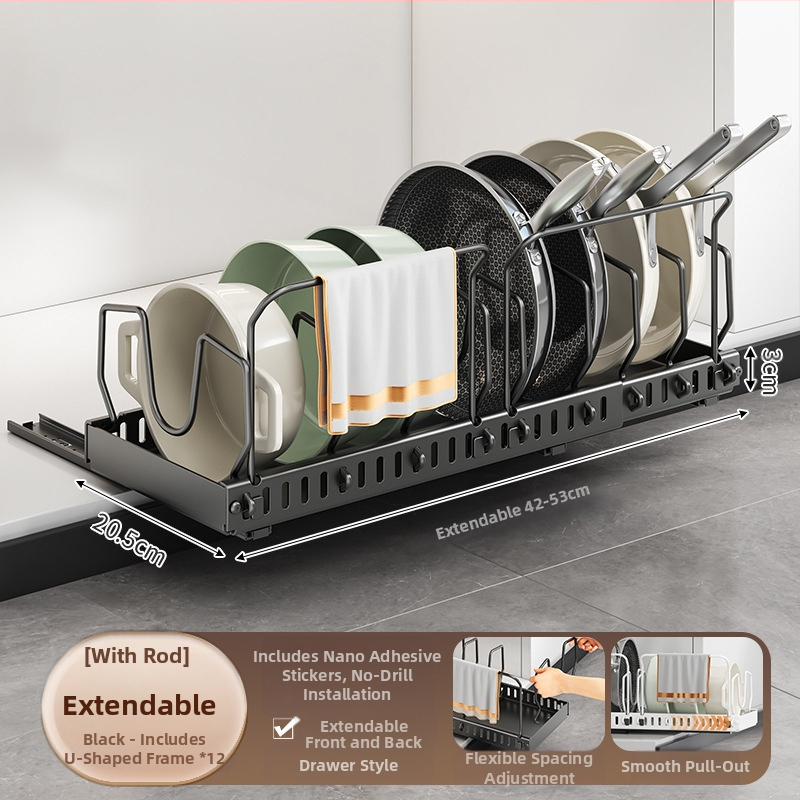 Ράφι αποθήκευσης καπακιού κουζίνας, ρυθμιζόμενος χώρος για κατσαρόλες, ράφι για κατσαρόλες, ντουλάπι πάγκου, συρόμενη βάση αποθήκευσης πιάτων