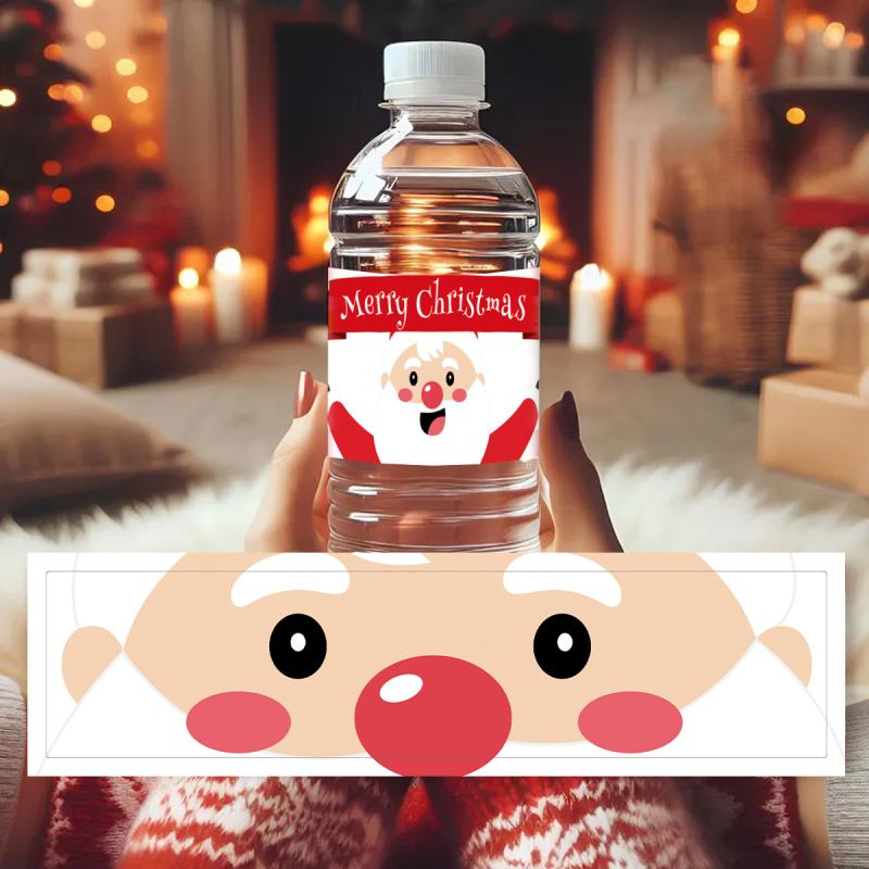 Kalėdų ir Naujųjų metų vakarėlio mineralinio vandens butelio lipdukas, kūrybingas Kalėdų Senelio atmosferos išdėstymas, vandens butelio lipdukas