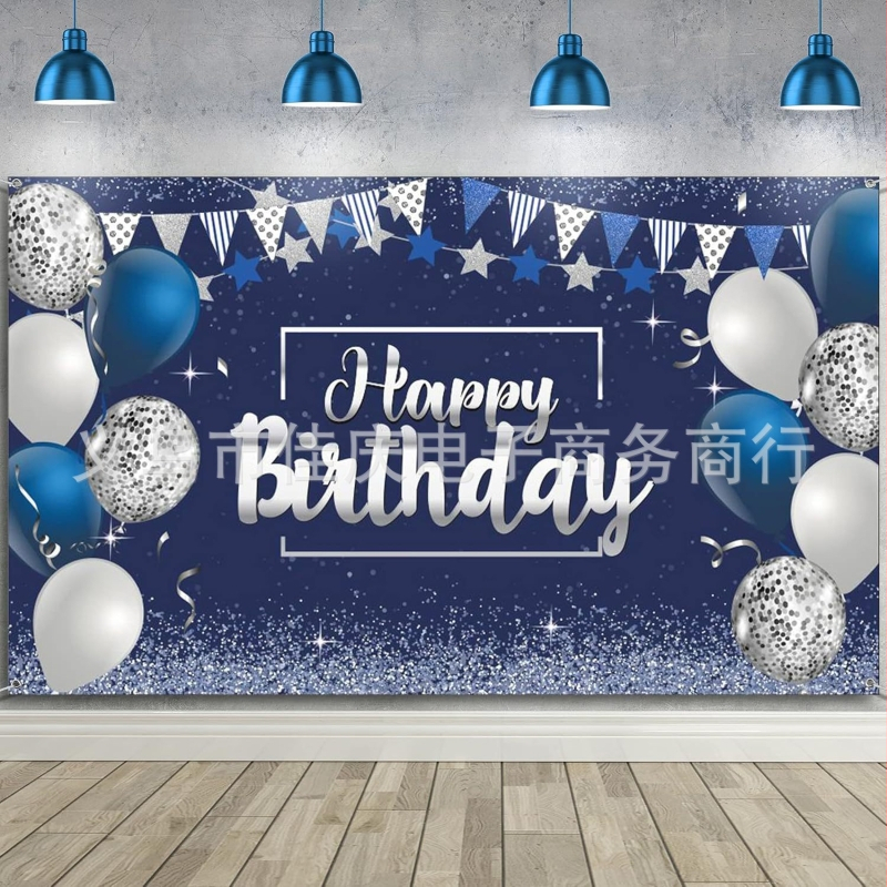 Трансгранично парти за рожден ден, син сребърен банер, балон с честит рожден ден, звезда, декорация за стена, фон, плат
