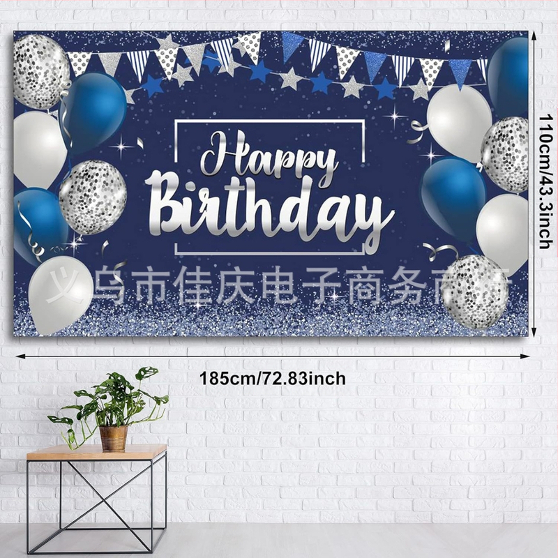 Трансгранично парти за рожден ден, син сребърен банер, балон с честит рожден ден, звезда, декорация за стена, фон, плат