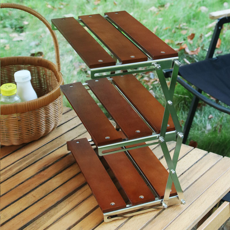 Gamyklinis lauko kempingo daugiafunkcis stalinis ištraukiamas medinis daiktadėžės stovas paprastas modernus trijų sluoksnių sulankstomas daiktadėžės stovas