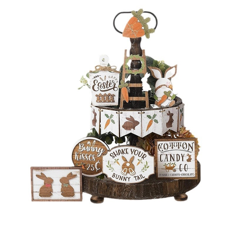 Великденски поднос с многослойна декорация от дърво, морков, заек, табела, настолен кухненски орнамент, класически