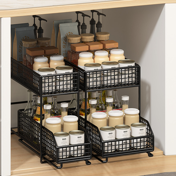 Συρόμενη ράγα αποθήκευσης κουζίνας Καλάθι αποθήκευσης Ράφι σε στρώσεις Εξοικονόμηση χώρου Διπλή στρώση Κάτω νεροχύτη χωρίς εγκατάσταση