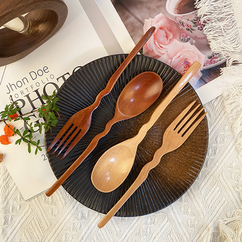 Kūrybingos banguotos šakutės, šaukštų rinkinys, medinis ilga rankena, šaukštas, medinis šaukštas, medinė šakutė, nešiojamas, medžio masyvo sriubos šaukštas, ryžių šaukštas