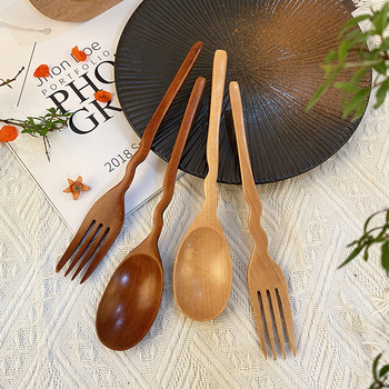 Kūrybingos banguotos šakutės, šaukštų rinkinys, medinis ilga rankena, šaukštas, medinis šaukštas, medinė šakutė, nešiojamas, medžio masyvo sriubos šaukštas, ryžių šaukštas