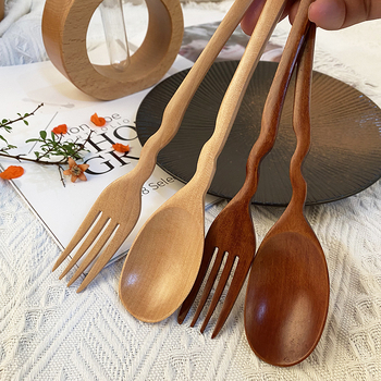 Kūrybingos banguotos šakutės, šaukštų rinkinys, medinis ilga rankena, šaukštas, medinis šaukštas, medinė šakutė, nešiojamas, medžio masyvo sriubos šaukštas, ryžių šaukštas