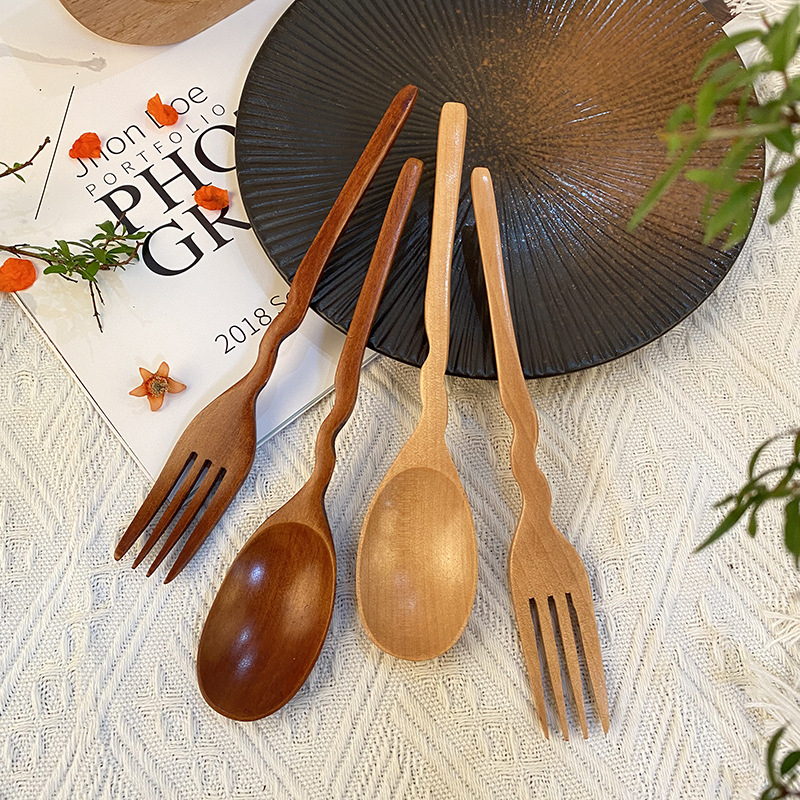 Kūrybingos banguotos šakutės, šaukštų rinkinys, medinis ilga rankena, šaukštas, medinis šaukštas, medinė šakutė, nešiojamas, medžio masyvo sriubos šaukštas, ryžių šaukštas