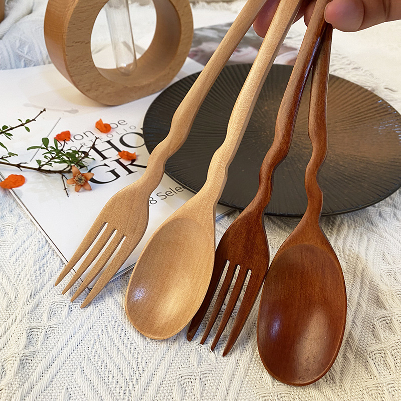 Kūrybingos banguotos šakutės, šaukštų rinkinys, medinis ilga rankena, šaukštas, medinis šaukštas, medinė šakutė, nešiojamas, medžio masyvo sriubos šaukštas, ryžių šaukštas