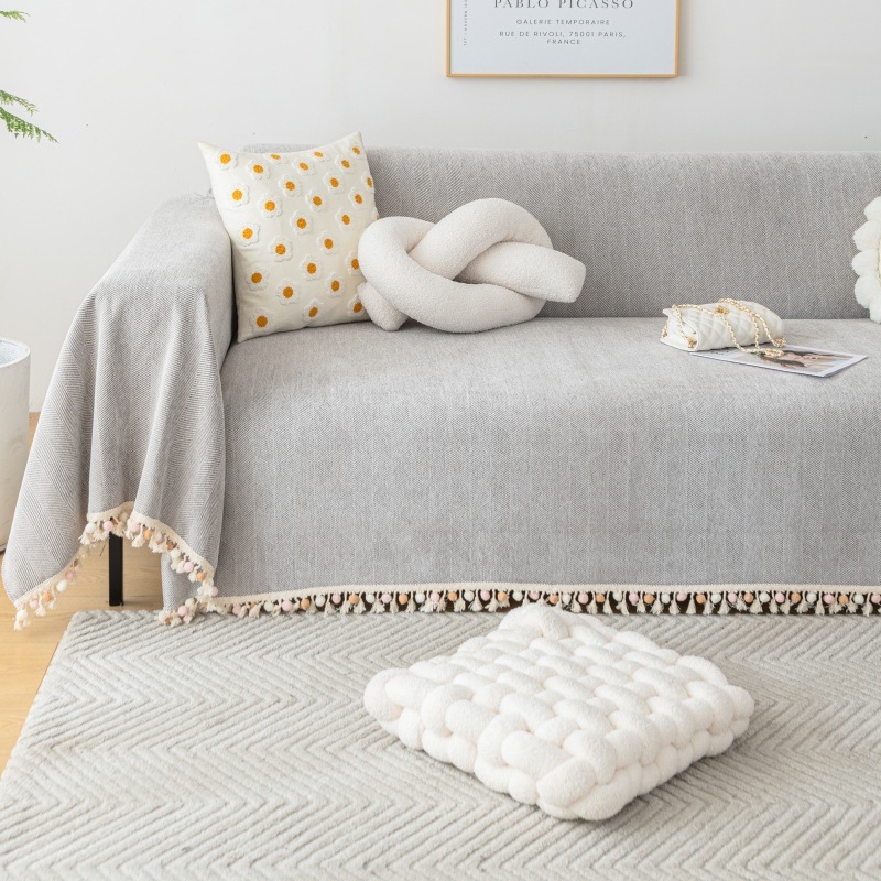 230 Широк калъф за диван с пискюли тип „рибена кост“, семпъл стил, универсален шенил, възглавница за диван „Четири сезона“, пълен калъф