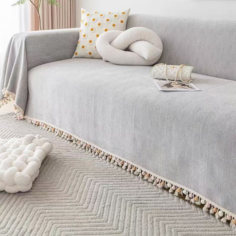 230 Широк калъф за диван с пискюли тип „рибена кост“, семпъл стил, универсален шенил, възглавница за диван „Четири сезона“, пълен калъф