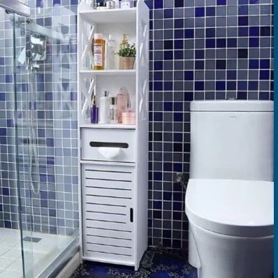 Vonios kambario daiktų laikymo lentyna, vandeniui atspari spintelė tualeto tarpams, ant grindų pastatoma kriauklės šoninė spintelė, praustuvas už gamyklinę kainą