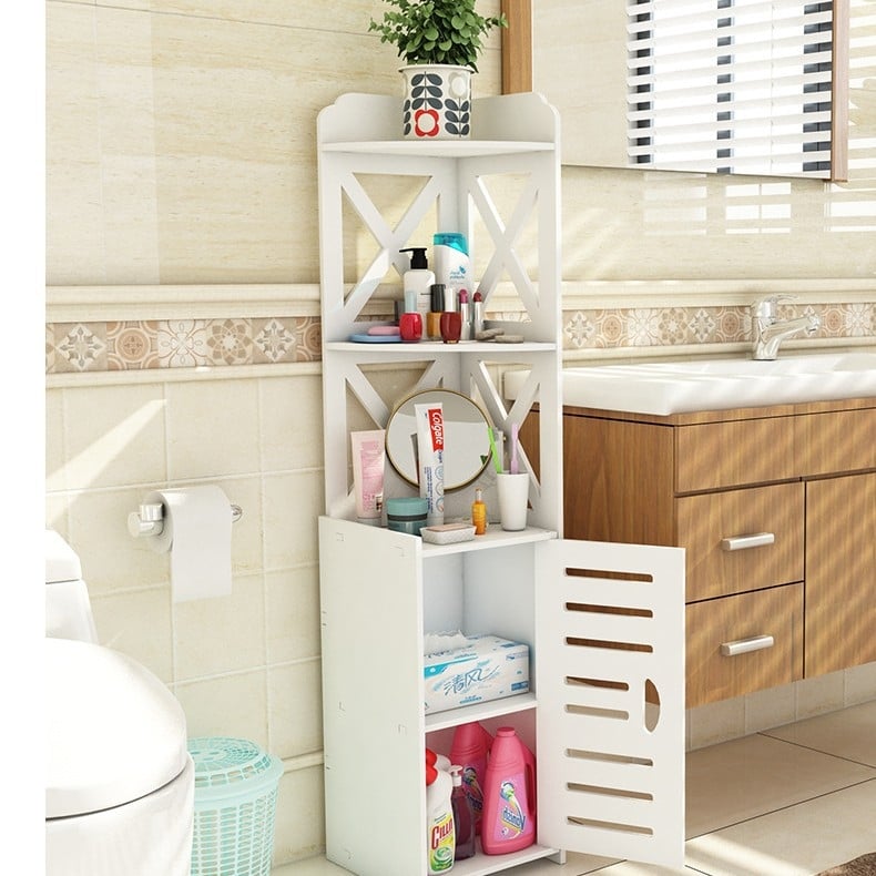 Vonios kambario daiktų laikymo lentyna, vandeniui atspari spintelė tualeto tarpams, ant grindų pastatoma kriauklės šoninė spintelė, praustuvas už gamyklinę kainą