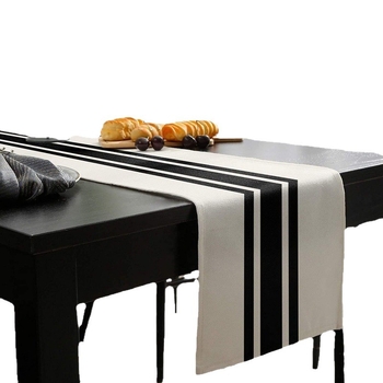 Nauja tarpvalstybinė geometrinė dryžuota lininė stalo vėliavėlė, juodai balta, languota staltiesė, namų dekoravimo staltiesė, arbatos vėliavėlė, arbatos staliukas